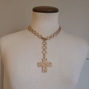 Hammered Gold Cross Necklace Women's Chunky Pendant Toggle Chain Trendy Gift